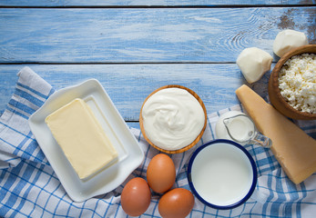 dairy products on wooden surface