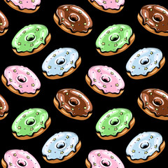 Black Glazed Donut Seamless Pattern Vector Illustration