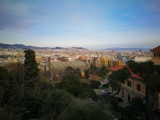 Barcelona from top of a mountain in spring. View to Sagrada Famila