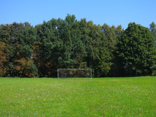Landscape of nature in the summer with an old football goal on the meadow