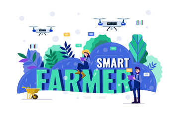 Smart farmer navigating drone above farmland. Modern agriculture concept. Flat design elements. Vector illustration