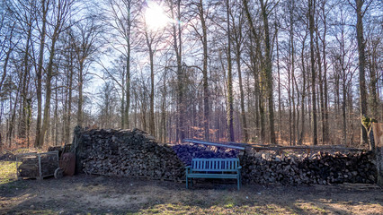 Blaue Sitzbank vor Brennholz Lager © focus finder