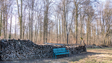 Blaue Sitzbank vor Brennholz Lager © focus finder