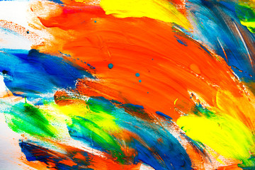 Beautiful abstract brushstrokes with colorful gouache paint on white paper for backgrounds 