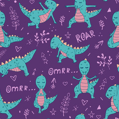 Handdrawn pattern with dinosaur in yoga asana