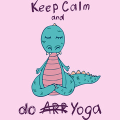 Handdrawn dinosaur in yoga asana with lettering