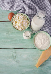 dairy products on wooden surface