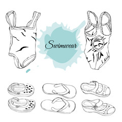 Set of beachwear illustration. Hand drawn monochrome sketch of clothes and soes fo beach.