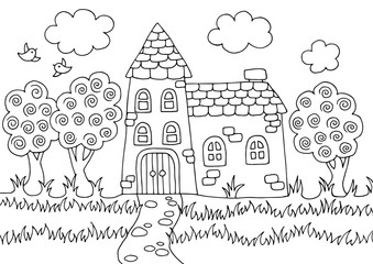 Doodle coloring book with old fairy house