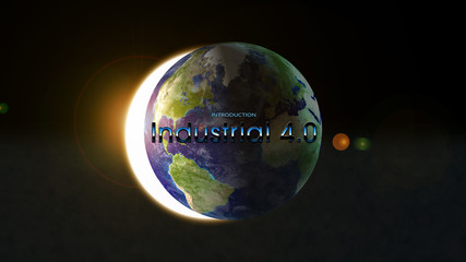 Industry 4.0 Introduction on blue planet earth with beautiful outer glow and lens flare ring in dark background. Elements of this image furnished by NASA.
