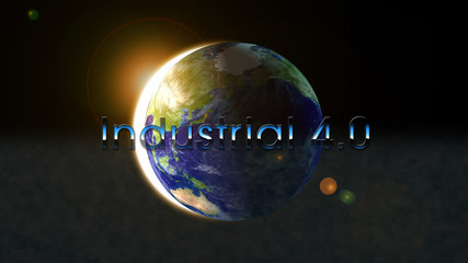 Industry 4.0 Introduction on blue planet earth with beautiful outer glow and lens flare ring in dark background. Elements of this image furnished by NASA.