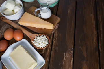 dairy products on wooden surface