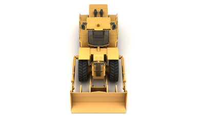 Front view from the top on powerful yellow hydraulic wheel bulldozer isolated on white. 3D illustration. Isometric. Front view. High angle.