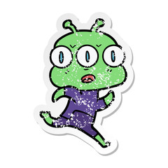 distressed sticker of a cartoon three eyed alien