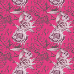 Gentle peonies. Watercolor flower seamless pattern on pink background.