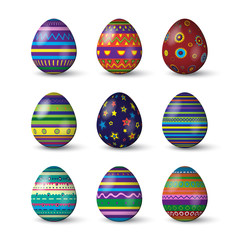 Easter eggs with different texture on white background. Vector spring holiday elements.