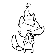 line drawing of a wolf laughing wearing santa hat
