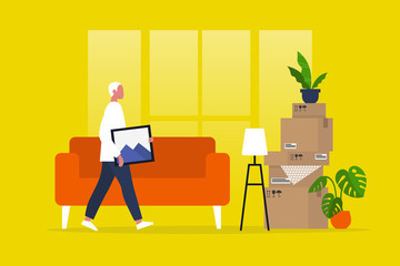 Young male character moving to a new apartment. Relocation. Mortgage. Flat editable vector illustration, clip art