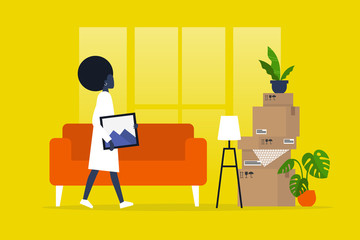 Young black female character moving to a new apartment. Relocation. Mortgage. Flat editable vector illustration, clip art
