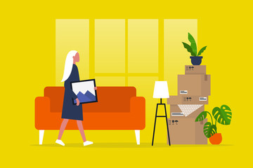 Young female character moving to a new apartment. Relocation. Mortgage. Flat editable vector illustration, clip art