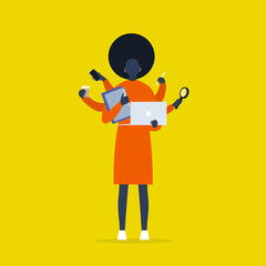 Multitasking millennial concept. Young black female character with six hands doing a lot of tasks at the same time  / flat editable vector illustration