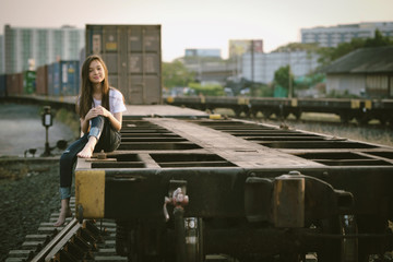 Fototapeta na wymiar young woman in the bogy train
