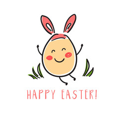 Happy egg in style kawaii  with grass and flower for Happy Easter day. Vector illustration