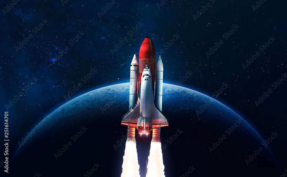 Poster Space shuttle launch in the open space over the Earth. Blue gradient. Space art wallpaper. Elements of this image furnished by NASA