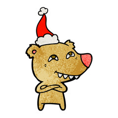 textured cartoon of a bear showing teeth wearing santa hat