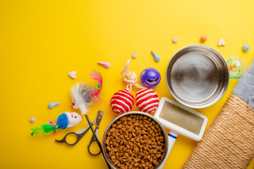 Zoomarket and pet store.Catty background, with cat accessories on a yellow background.Cat .Flat-lay