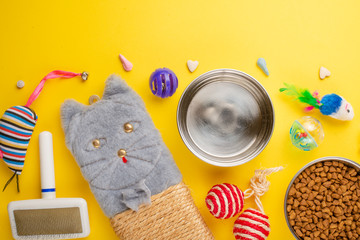 pet store.Cat background, with cat accessories on a yellow background.