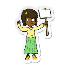 sticker of a cartoon hippie girl with protest sign