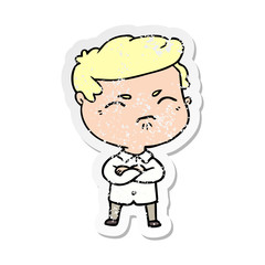 distressed sticker of a cartoon annoyed man