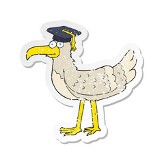 retro distressed sticker of a cartoon seagull with graduate cap