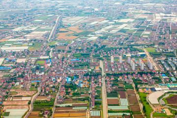 Aerial view of Shanghai Pudong area agricultural land and rural suburban area in China clear day weather