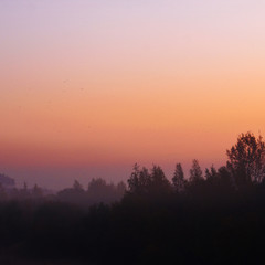 foggy sunrise over wooded hills
