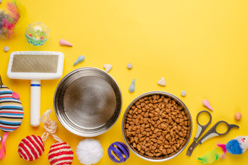 Zoomarket and pet store.Cat background, with cat accessories on a yellow background. Cat.
