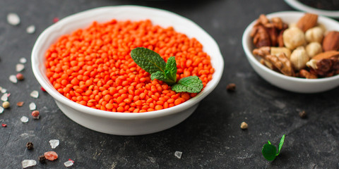 lentils, healthy food concept (legumes, greens, spinach and more) superfood. Food background