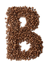 Coffee font alphabet concept isolated on white background. Top view Alphabet made of roasted coffee beans. Collection of brilliant font for your unique idea. Letter B