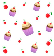 Cake with cherry seamless pattern. Cake sweet dessert for holiday. Vector illustration
