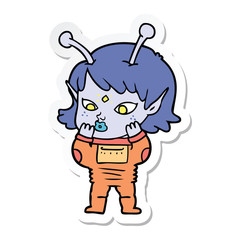 sticker of a pretty cartoon nervous alien girl