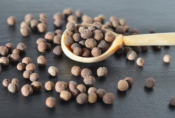 Black pepper in a spoon.