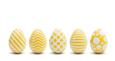 A line of easter eggs with colourful decorated patterns