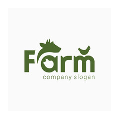 Farm simple logo. Farm animal sign. Green logotype for animal husbandry. Symbol for farm products. Brand for agricultural company. Vector illustration with cow, pig, chicken and word FARM