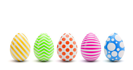 A line of easter eggs with colourful decorated patterns