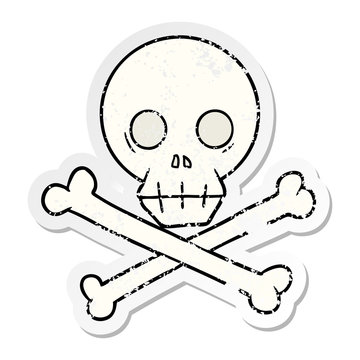 distressed sticker of a cartoon skull and crossbones