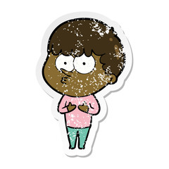 distressed sticker of a cartoon curious boy