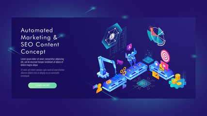 Automated marketing and SEO content isometric concept, vector illustration	