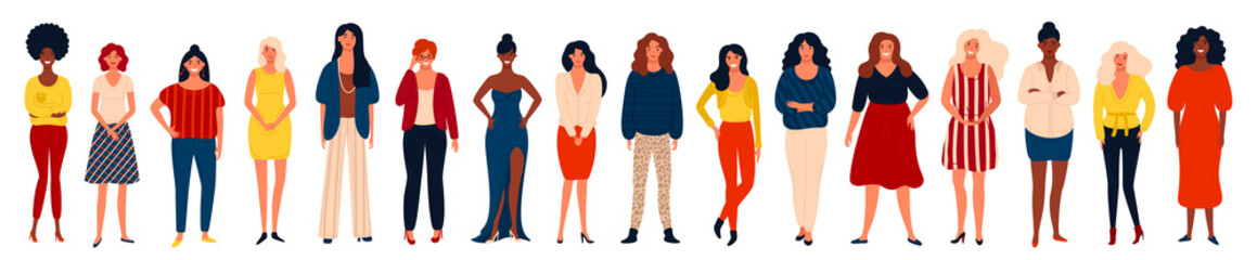 Diverse international group of happy women or girls standing together.