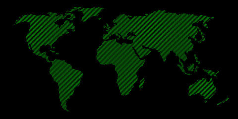 Retro computer screen illustration of green hatched map of the world.
